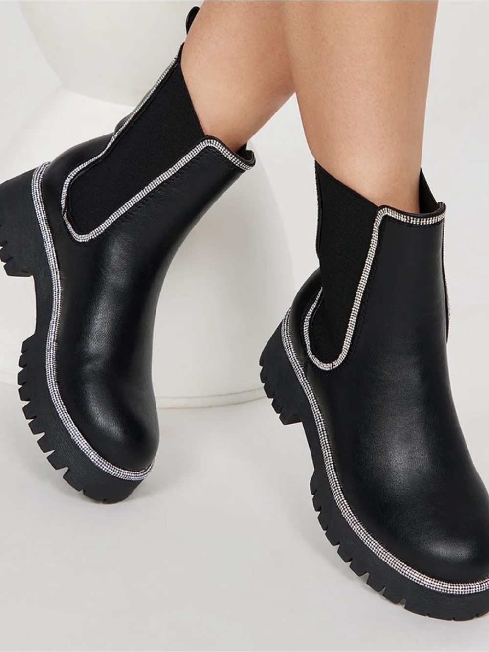 black women's Chelsea boots with a massive tractor sole Reige size 10
